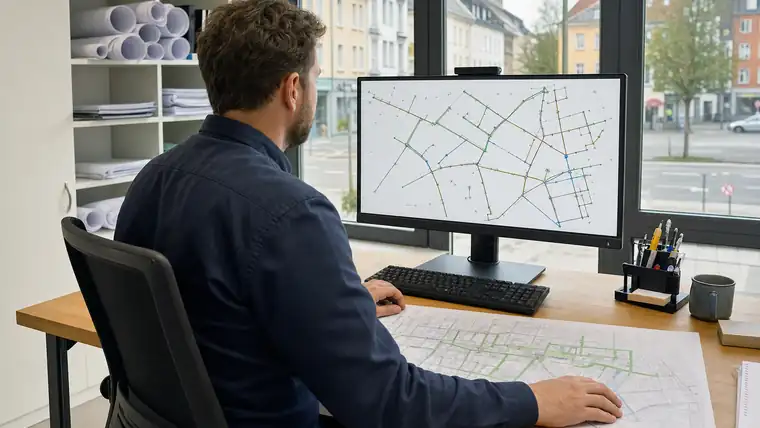 Bauleiter mit Helm und Warnweste blickt über eine Rohrleitungsbaustelle mit offenem Graben