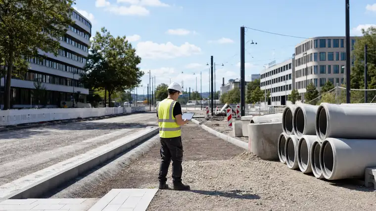 Bauleiter mit Helm und Warnweste blickt über eine Rohrleitungsbaustelle mit offenem Graben