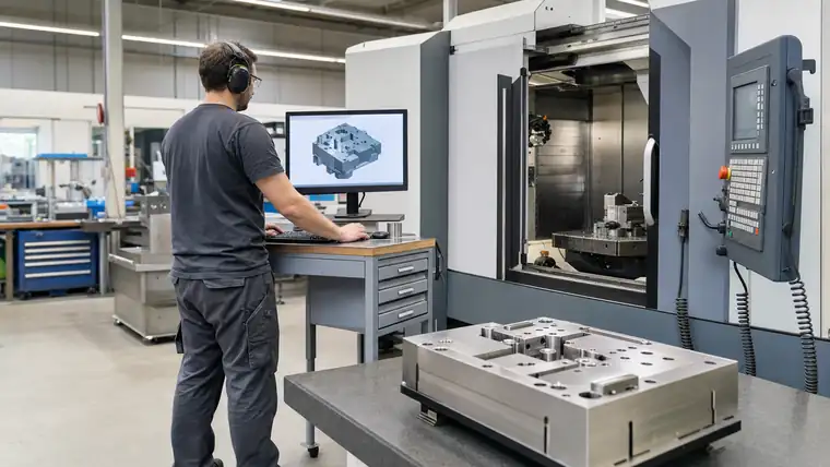 CNC-Zerspanungshalle mit Metallwerkstück und Spänen im Fokus