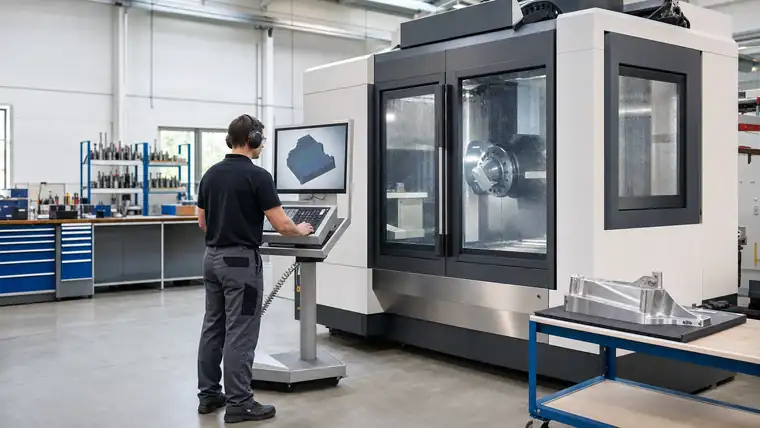 CNC-Zerspanungshalle mit Metallwerkstück und Spänen im Fokus