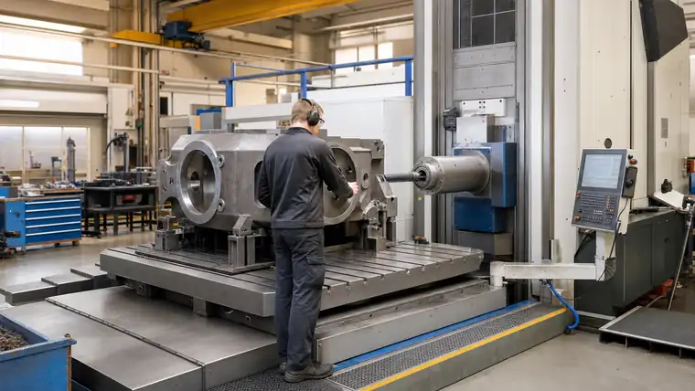 CNC-Zerspanungshalle mit Metallwerkstück und Spänen im Fokus