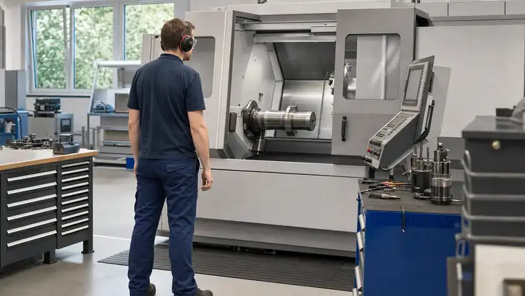 CNC-Zerspanungshalle mit Metallwerkstück und Spänen im Fokus
