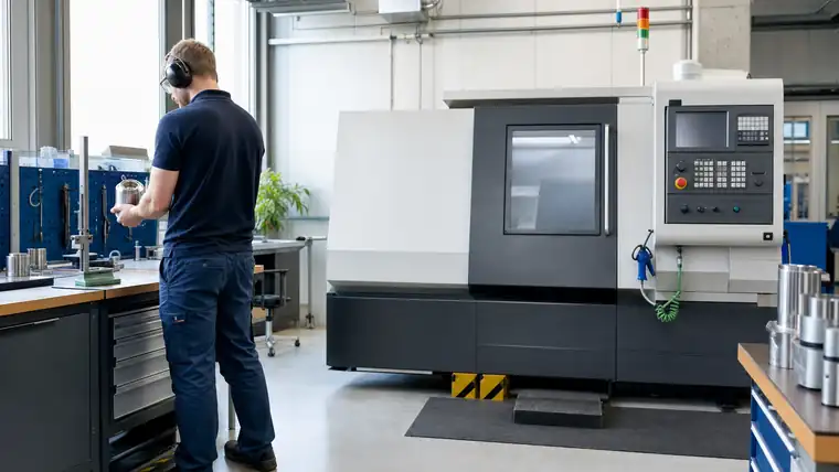 CNC-Zerspanungshalle mit Metallwerkstück und Spänen im Fokus