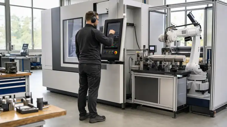 CNC-Zerspanungshalle mit Metallwerkstück und Spänen im Fokus