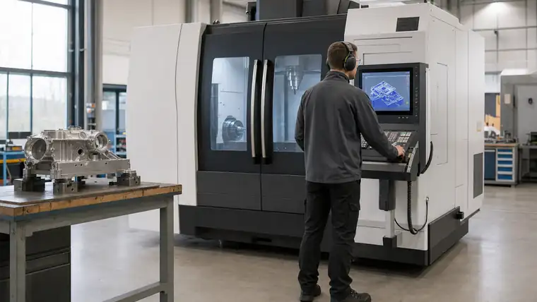 CNC-Zerspanungshalle mit Metallwerkstück und Spänen im Fokus