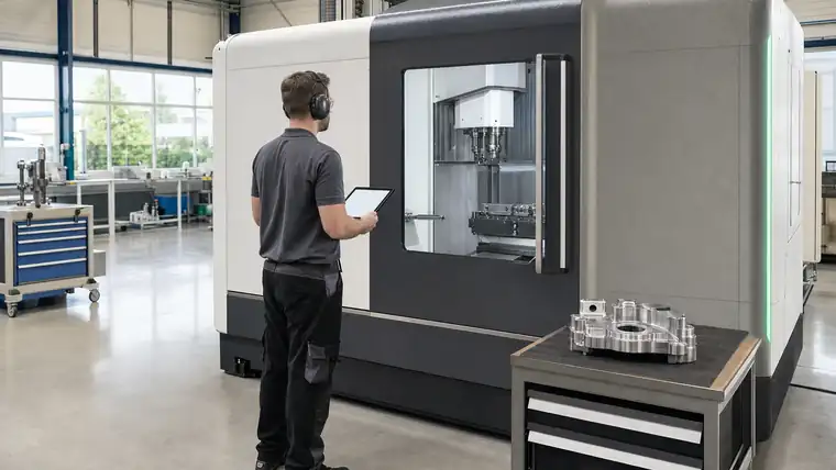 CNC-Zerspanungshalle mit Metallwerkstück und Spänen im Fokus
