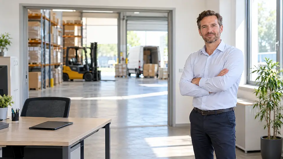 Logistikverantwortlicher in einer hellen Regal- und Kommissionierzone