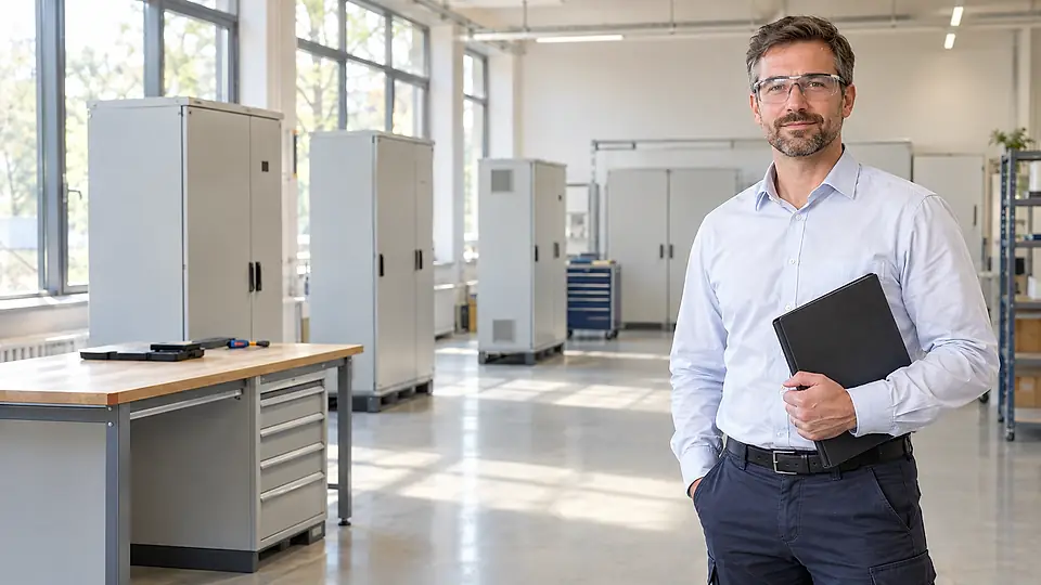 Elektrofachverantwortlicher vor offenem Schaltschrank in industrieller Umgebung