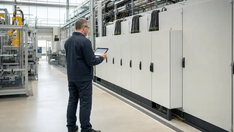 Produktionsleiter überblickt eine aufgeräumte Montage- und Fertigungshalle