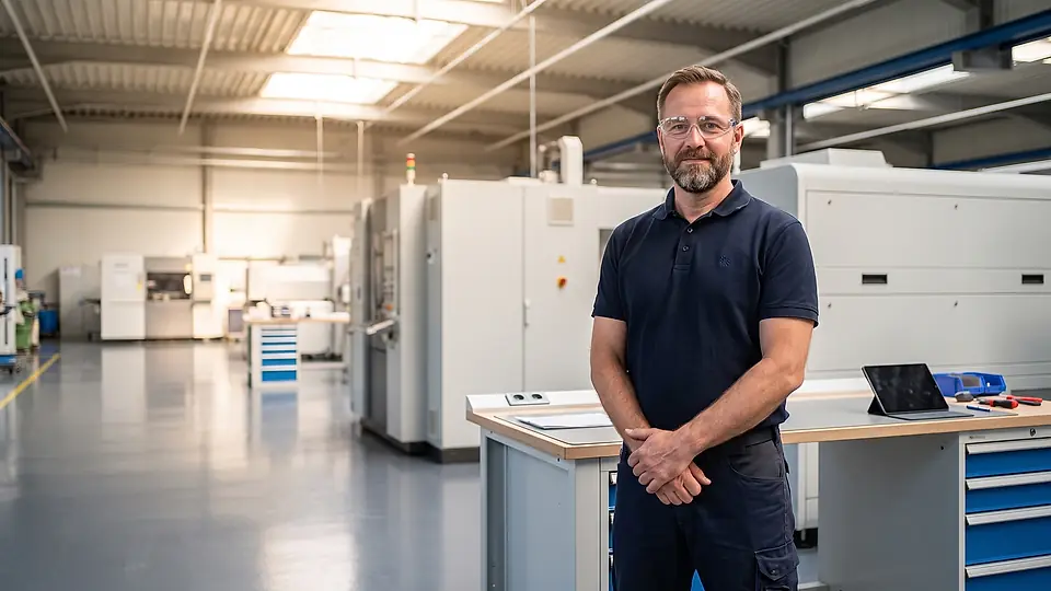 Produktionsleiter überblickt eine aufgeräumte Montage- und Fertigungshalle