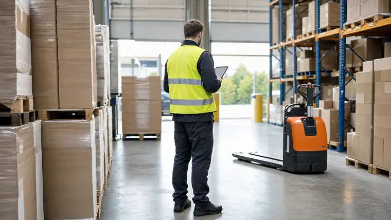 Logistikverantwortlicher in einer hellen Regal- und Kommissionierzone
