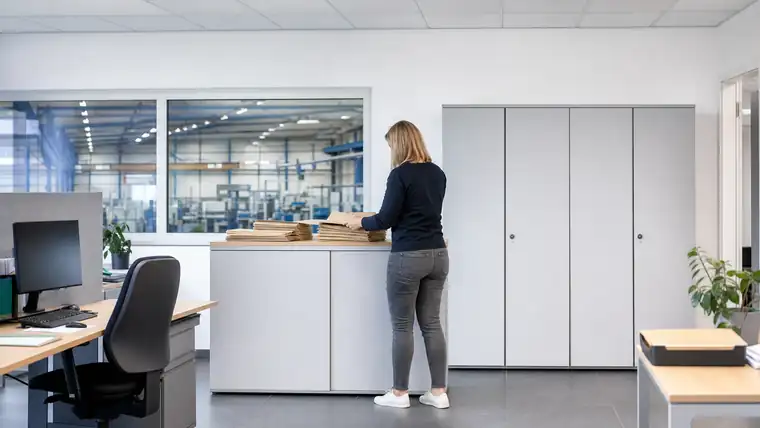 Ruhiger Büro- und Planungsplatz mit Blick auf industrielle Produktion