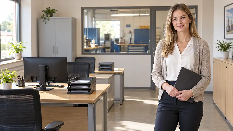 Ruhiger Büro- und Planungsplatz mit Blick auf industrielle Produktion