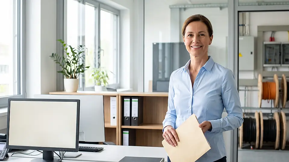 Ruhiger Büro- und Planungsplatz mit Blick auf industrielle Produktion