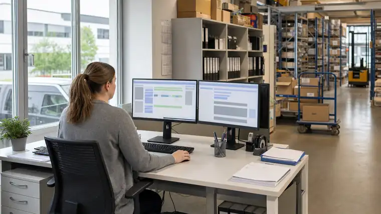 Ruhiger Büro- und Planungsplatz mit Blick auf industrielle Produktion