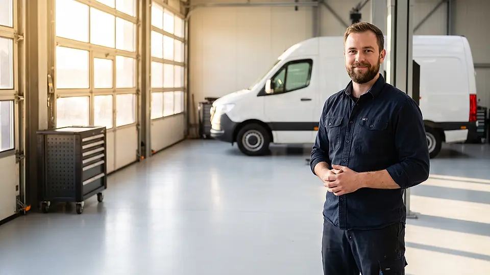Industrieroboterarm an einer Fertigungszelle in heller Produktionshalle