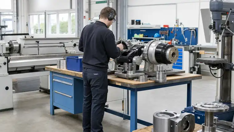 Produktionslinie und Montageplatz in heller Industriehalle