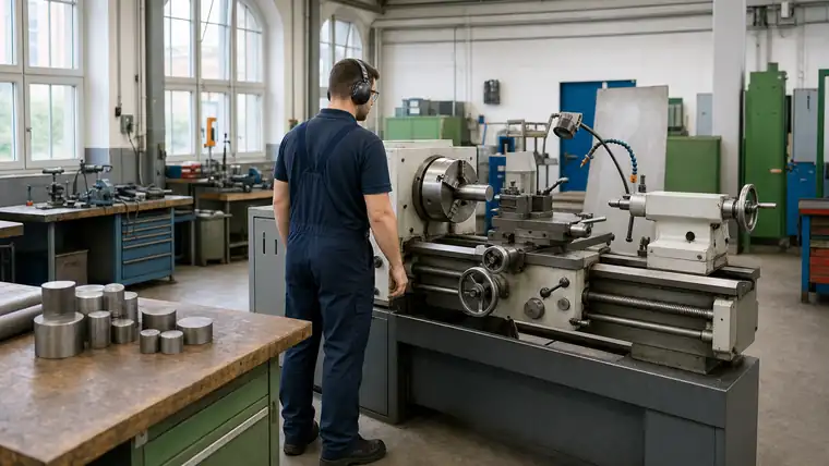 CNC-Zerspanungshalle mit Metallwerkstück und Spänen im Fokus