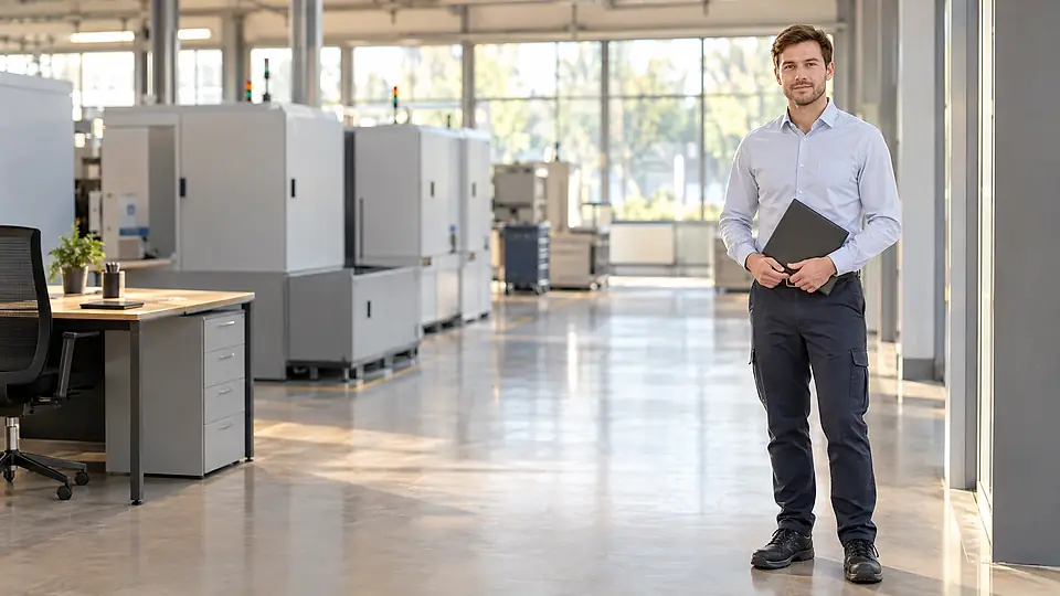 Produktionslinie und Montageplatz in heller Industriehalle