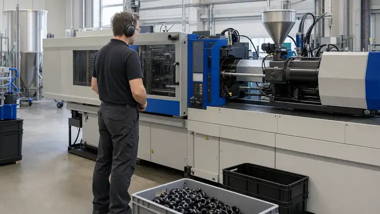 Spritzgussmaschine und Kunststoffteile in einer sauberen Produktionshalle