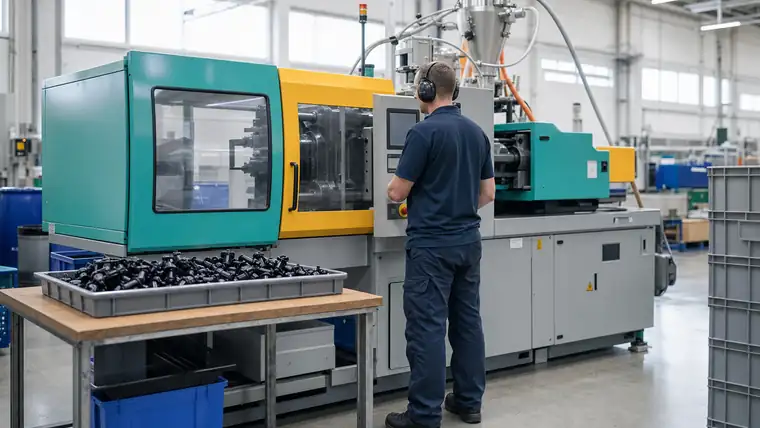 Spritzgussmaschine und Kunststoffteile in einer sauberen Produktionshalle