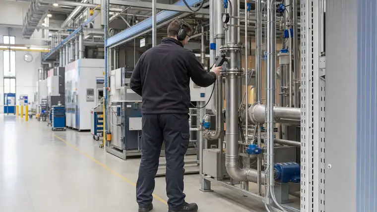 Produktionslinie und Montageplatz in heller Industriehalle