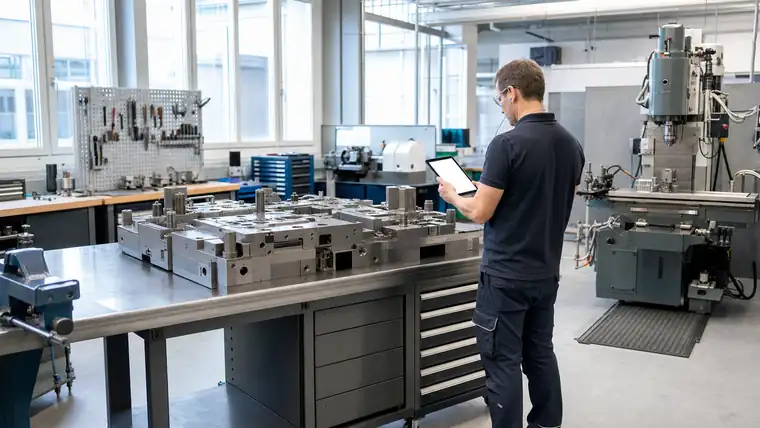 Werkzeugbau-Verantwortlicher an einer ruhigen Formenbau-Werkbank mit Messplatte