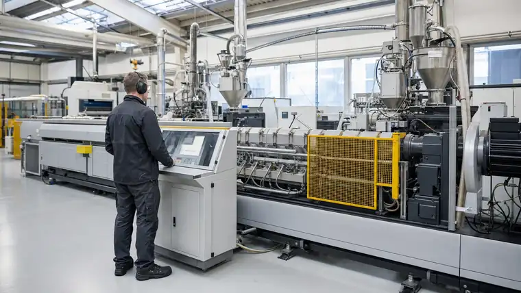 Produktionslinie und Montageplatz in heller Industriehalle