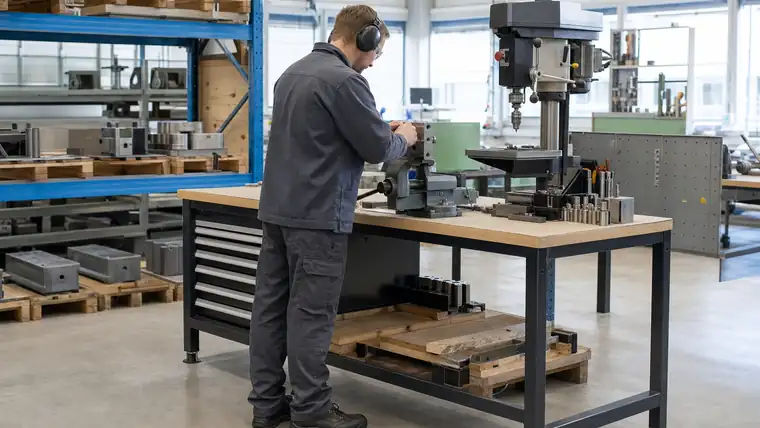 Produktionslinie und Montageplatz in heller Industriehalle