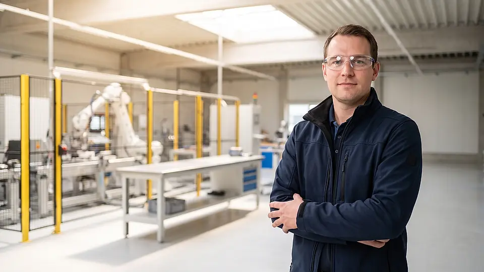 Industrieroboterarm an einer Fertigungszelle in heller Produktionshalle
