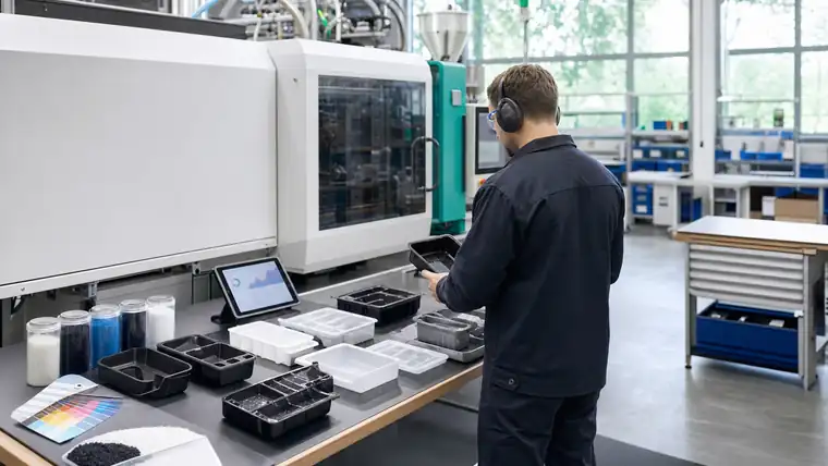 Produktionsleiter überblickt eine Kunststoff-Spritzgusshalle mit Maschine und Teilen