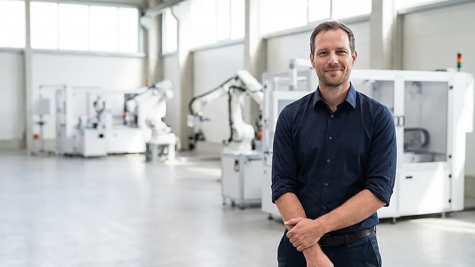 Automatisierungsverantwortlicher vor einer Fertigungszelle mit Industrieroboter