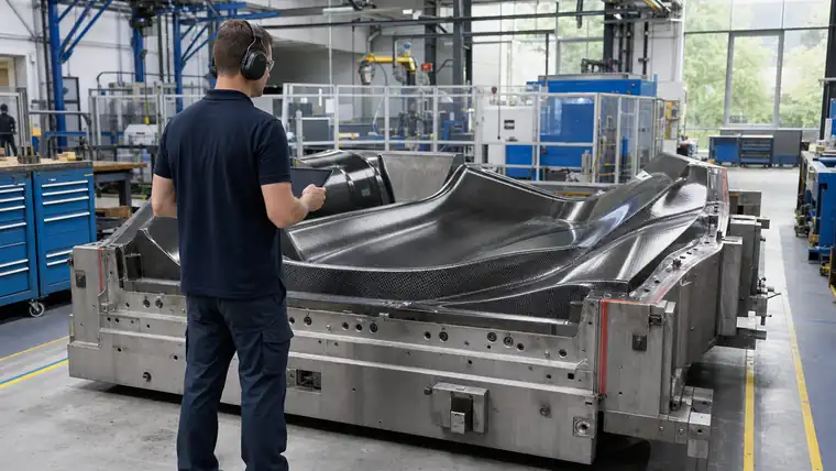 Produktionsleiter überblickt eine aufgeräumte Montage- und Fertigungshalle
