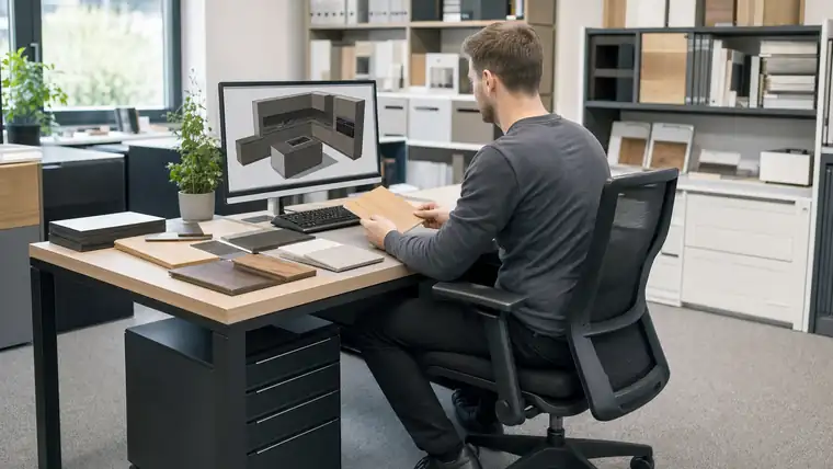 Ruhiger Büro- und Planungsplatz mit Blick auf industrielle Produktion
