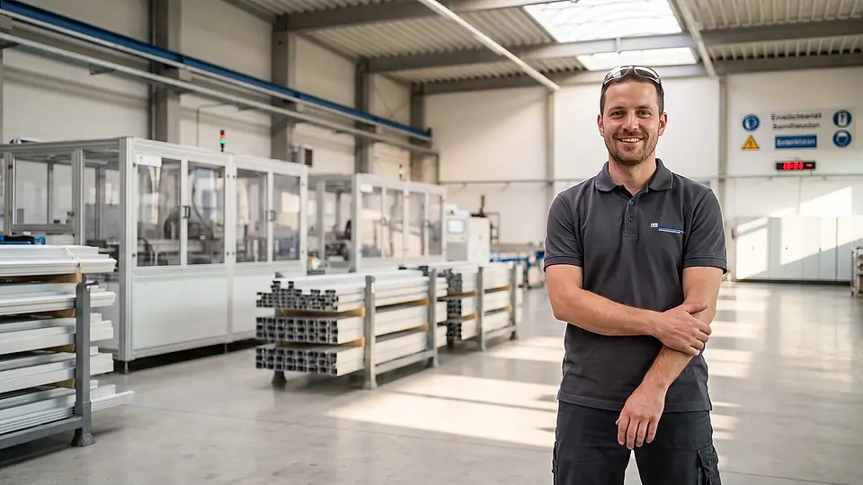 Produktionsleiter überblickt eine aufgeräumte Montage- und Fertigungshalle