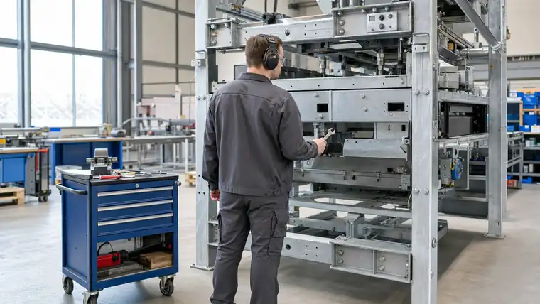 Produktionslinie und Montageplatz in heller Industriehalle
