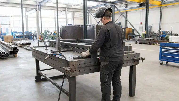 Produktionslinie und Montageplatz in heller Industriehalle