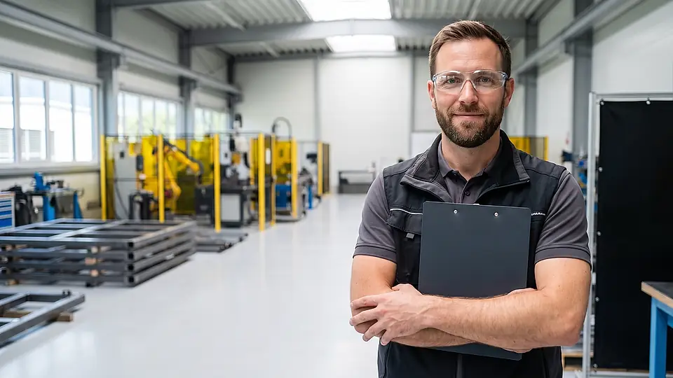 Produktionsleiter überblickt eine aufgeräumte Montage- und Fertigungshalle