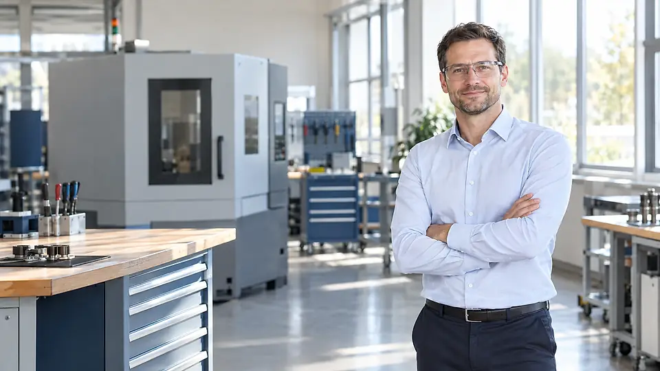 Produktionsleiter überblickt eine aufgeräumte Montage- und Fertigungshalle