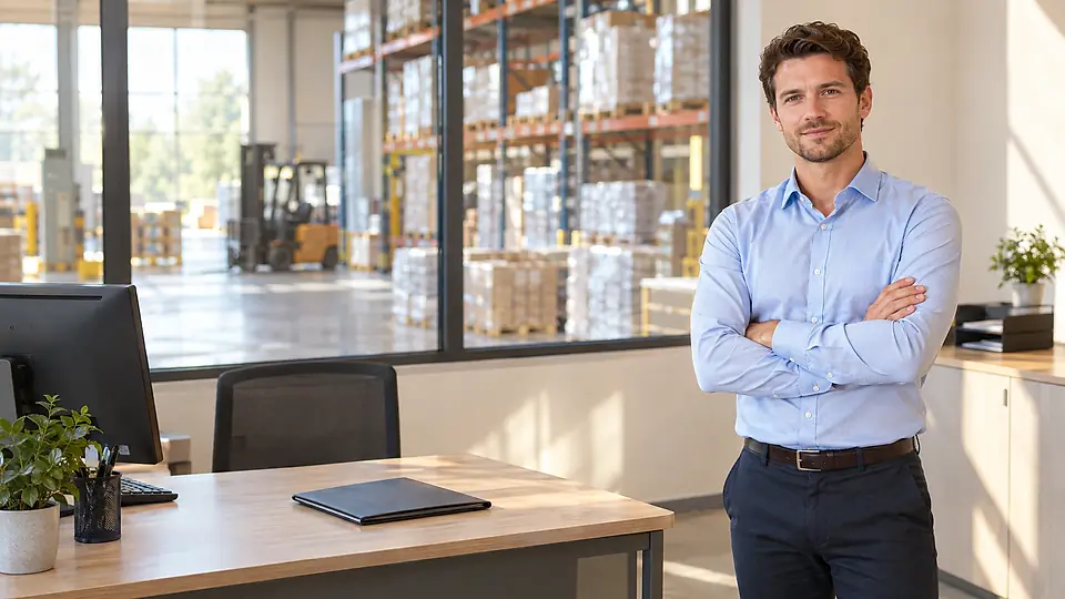 Ruhiger Büro- und Planungsplatz mit Blick auf industrielle Produktion