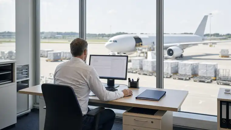 Ruhiger Büro- und Planungsplatz mit Blick auf industrielle Produktion