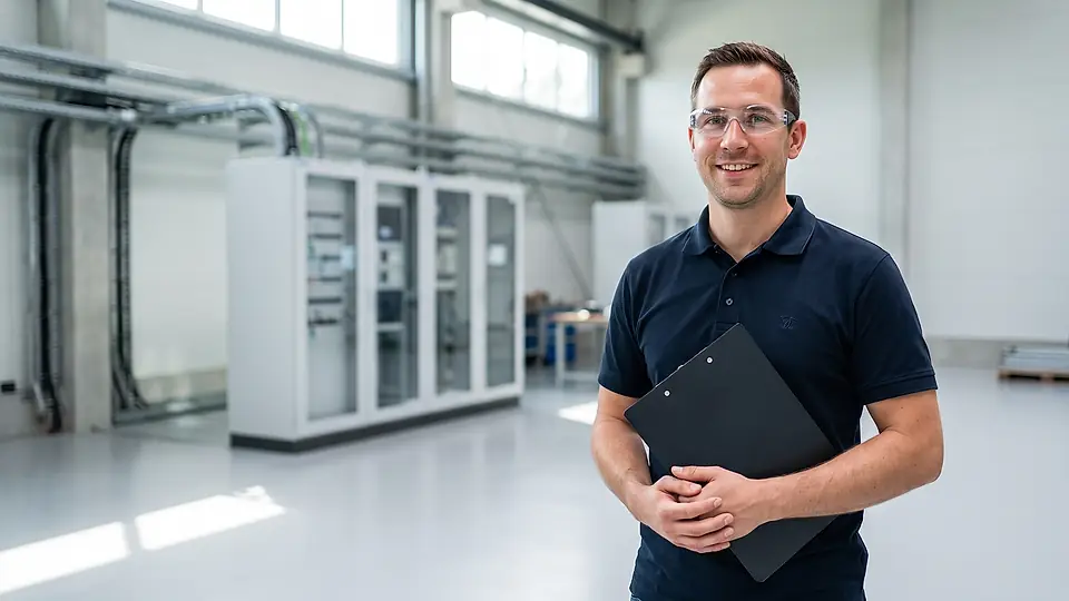 Produktionsleiter überblickt eine aufgeräumte Montage- und Fertigungshalle