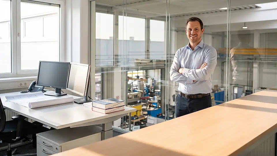Konstruktionsingenieur am Planungsplatz mit Blick auf industrielle Unterlagen
