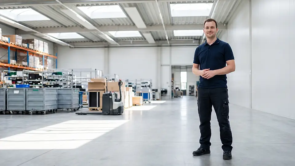 Regalflucht und Kommissionierzone in einer hellen Logistikhalle
