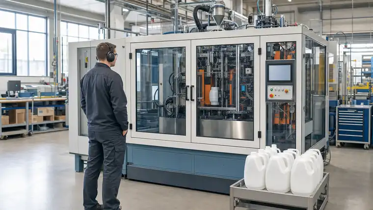 Spritzgussmaschine und Kunststoffteile in einer sauberen Produktionshalle
