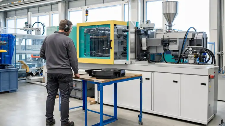 Spritzgussmaschine und Kunststoffteile in einer sauberen Produktionshalle