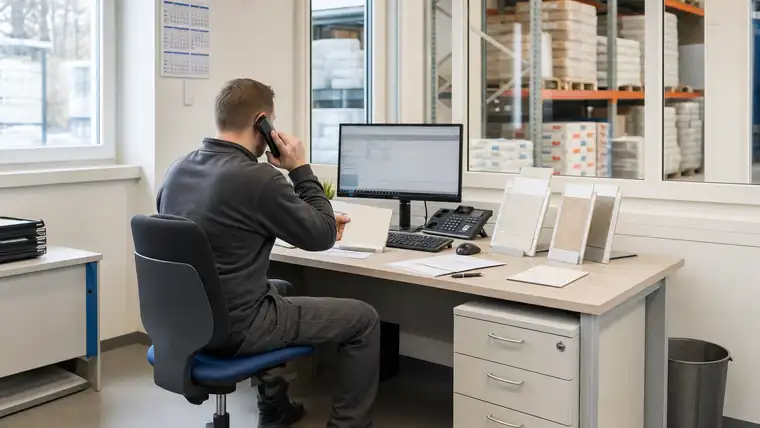 Ruhiger Büro- und Planungsplatz mit Blick auf industrielle Produktion