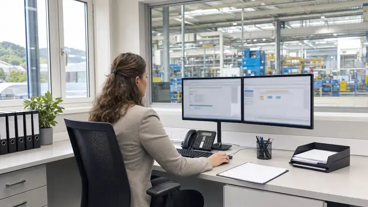 Ruhiger Büro- und Planungsplatz mit Blick auf industrielle Produktion