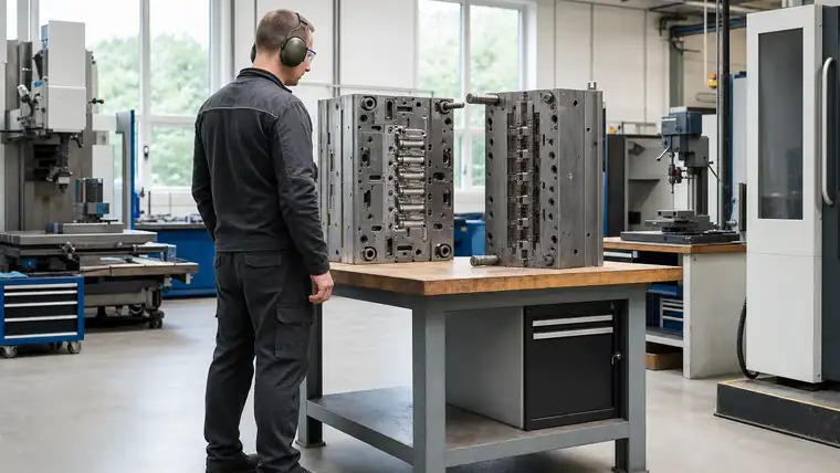 Spritzgussmaschine und Kunststoffteile in einer sauberen Produktionshalle