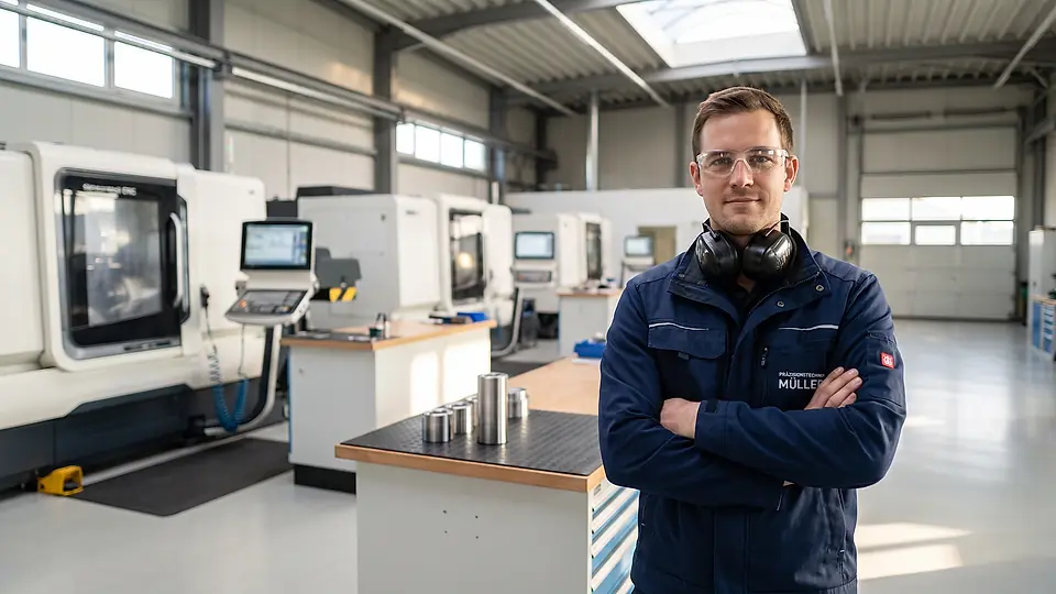 CNC-Zerspanungshalle mit Metallwerkstück und Spänen im Fokus